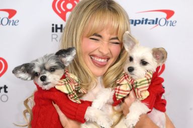 TinkerBelle the Dog the dog, Sabrina Carpenter and Belle the Dog attend iHeartRadio z100's Jingle Ball 2023 Presented By Capital One at Madison Square Garden on December 08, 2023 in New York City