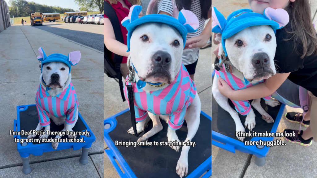 Deaf therapy dog greets students at school.