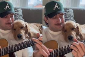 Golden Retriever Relaxing on Owner While Watching Him Play Guitar