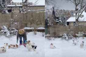 Video: What It’s Like to Build a Snowman With 5 Dogs Around