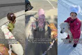 Little Girl Holds Golden Retrievers’ Ears When Someone Passes by for a Reason