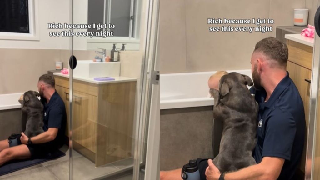 Dog Watches Over Baby Like a Bodyguard While Dad Gives Her a Bath