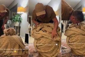 Dog Loves Comfy Blankie Nest Made by Favorite Parent, Dad