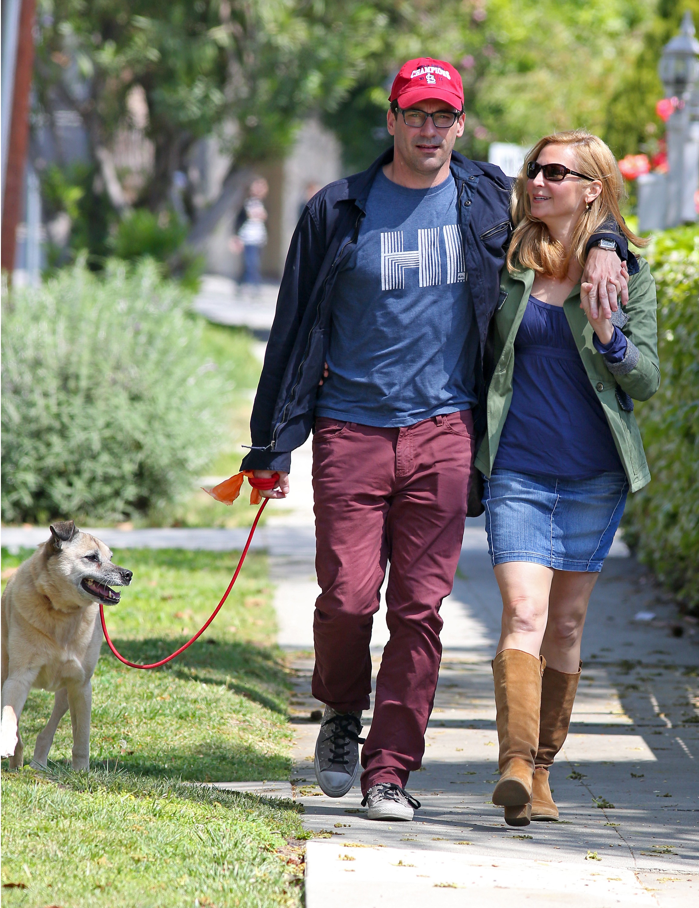 John Hamm And Jennifer Westfeldt Take Their Dog, Cora, For A Walk